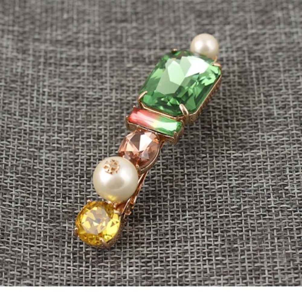 Tory Burch Crystal Hair Clip Barrette Green Gem Gold Tone Logo Hair Accessory